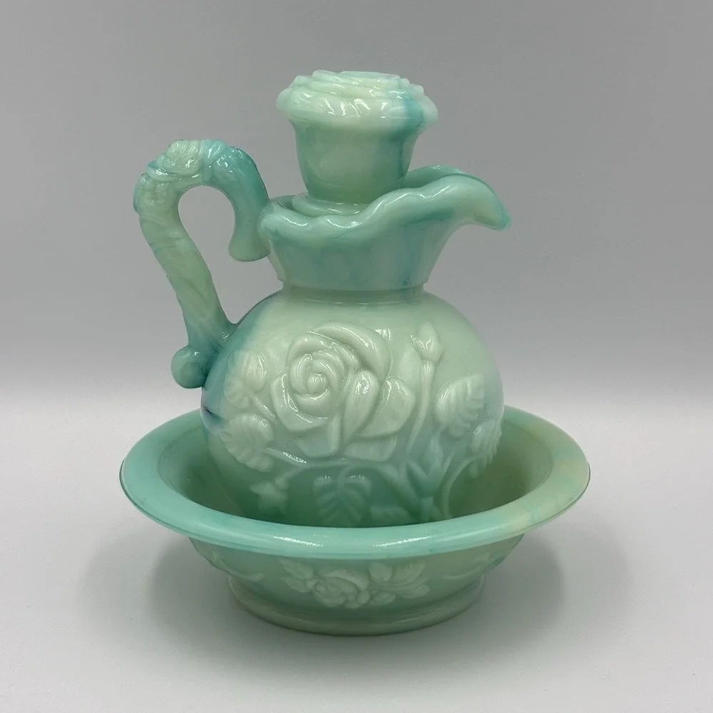 Vintage Avon Aqua Blue Jade Rose Mini Pitcher Bowl Vanity Bottle Set Grandmacore